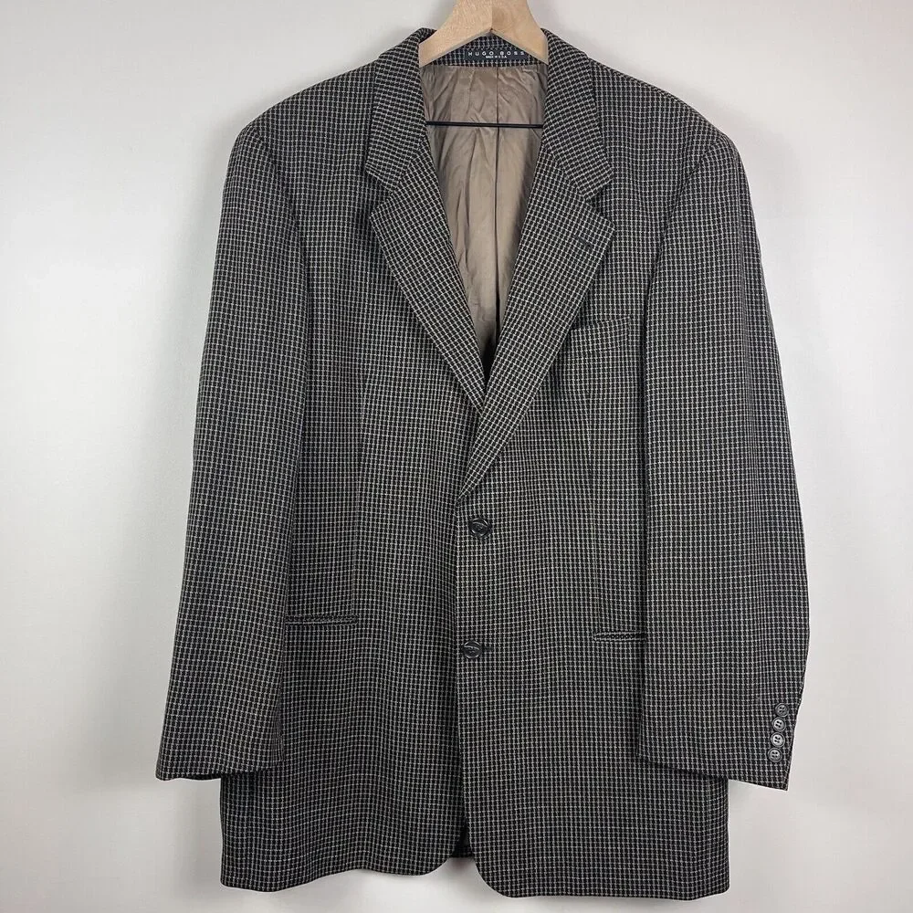 Hugo Boss Blazer Jacket Men 44L Black Brown Schurwolle Virgin Wool Blend Career